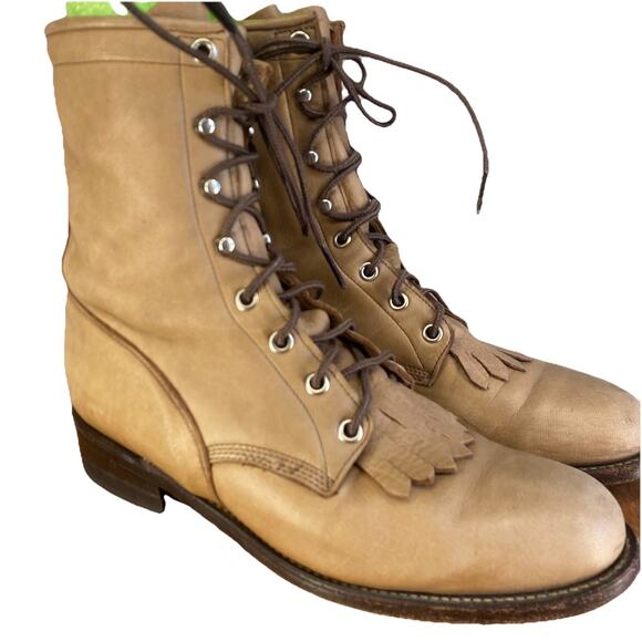 👢 Justin Womens 7.5B Brown Leather Lace Up Roper Fringe Boots Vintage - Picture 1 of 13